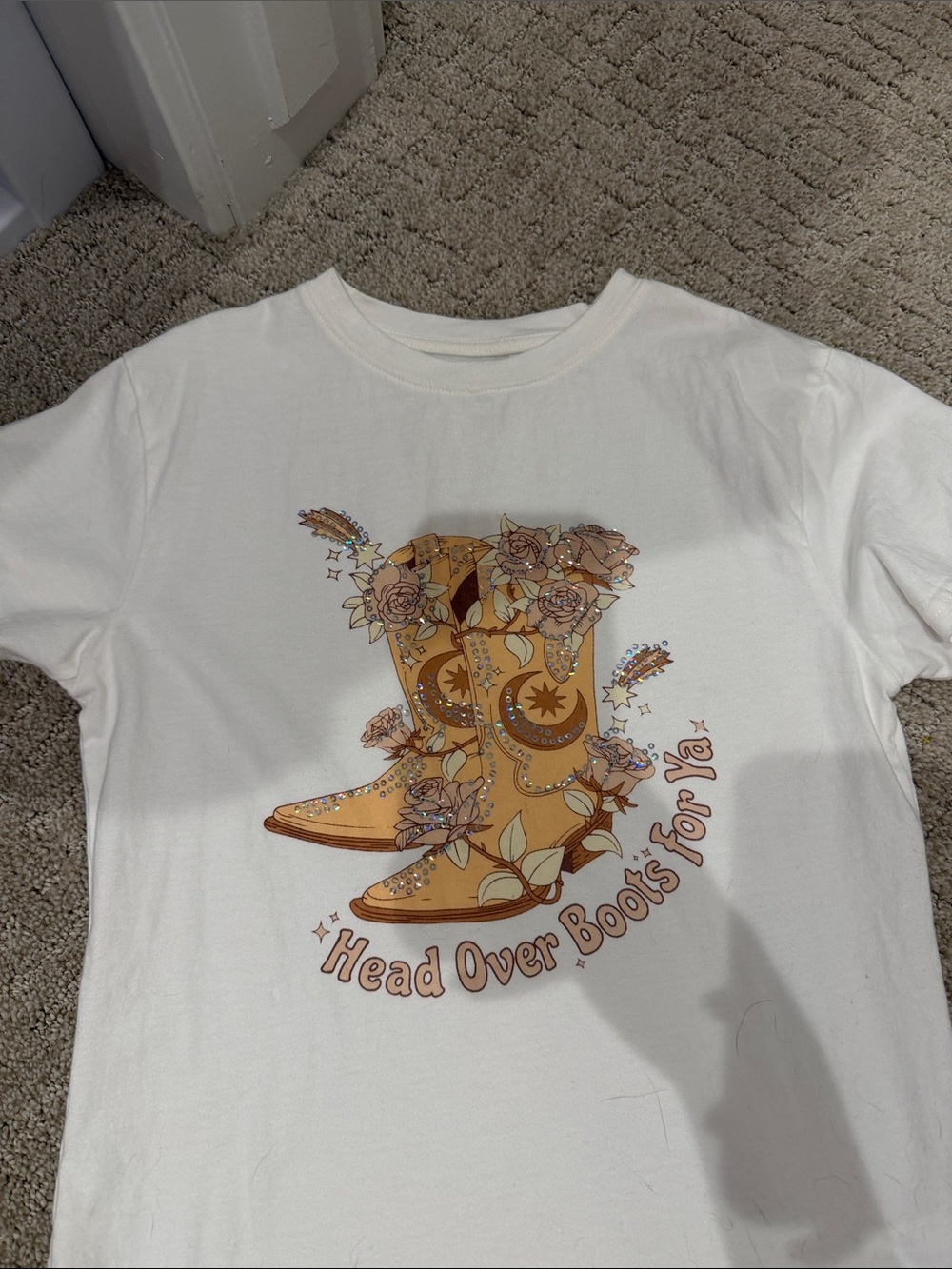 Miss Me White Tee with Tan Floral Cowboy Boots Graphic